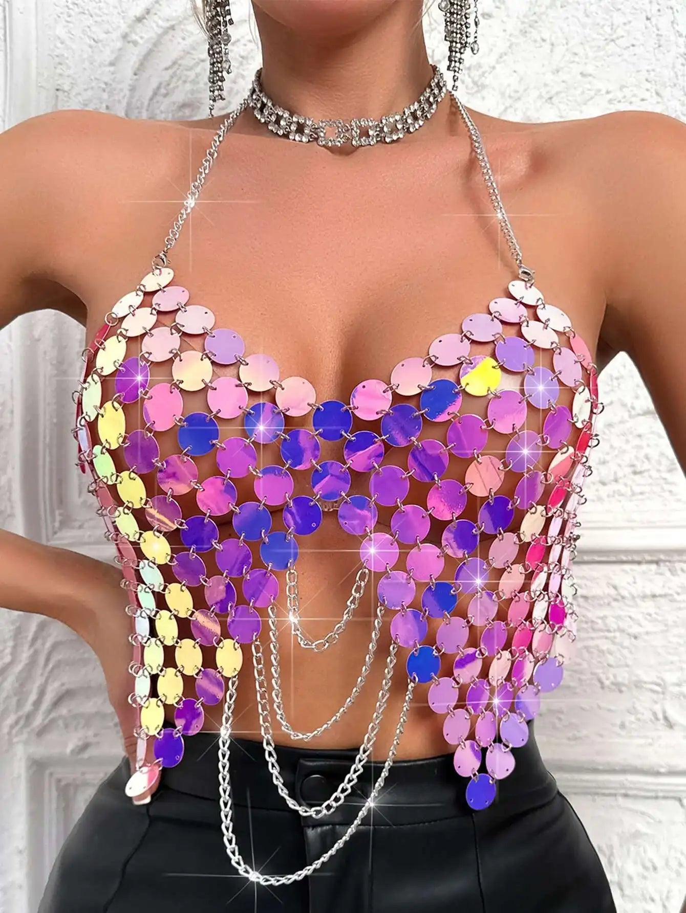 Sexy see through metal sequin corset crop top womens summer beach party halter tank top rave festival outfits cropped y2k Tops