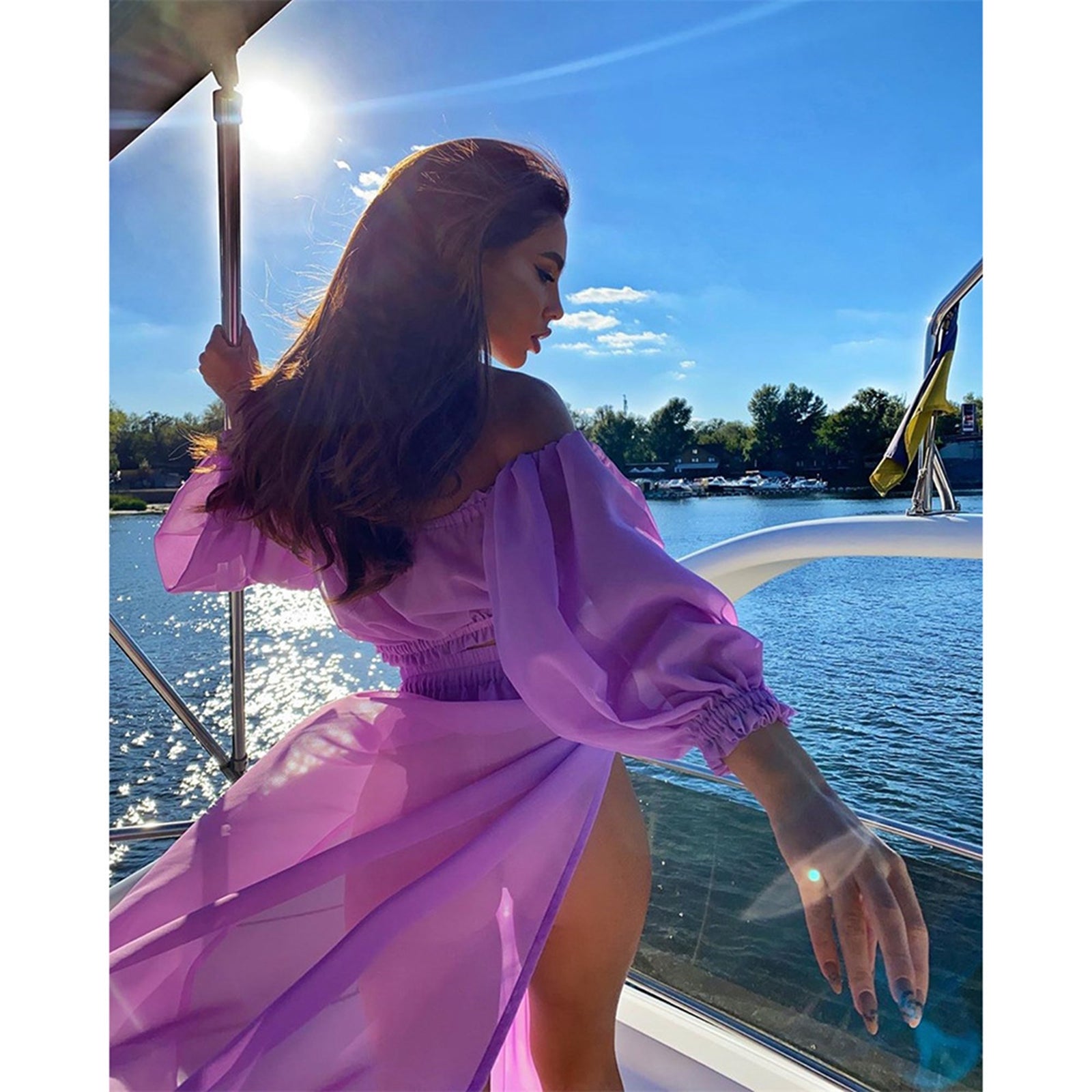 Summer Women Bikini Cover Ups Solid Color Long Sleeve Off Shoulder Tops High Waist Split Skirts 2pcs Swimsuit Bathing Suit