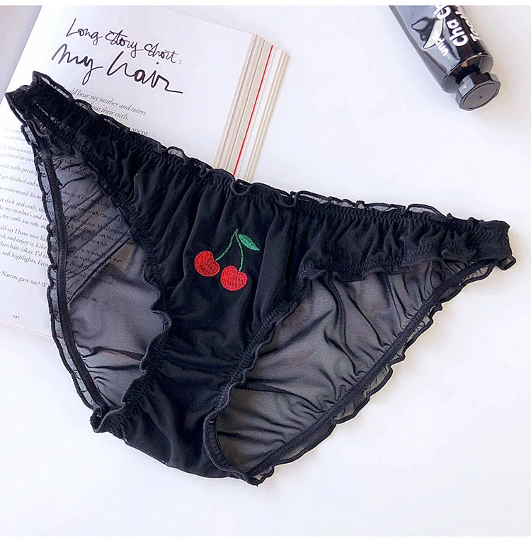 Women Sexy Lace Lingerie Temptation Low-waist Panties Fruit Ins Embroidery Transparent Briefs Seamless Sweet Underwear