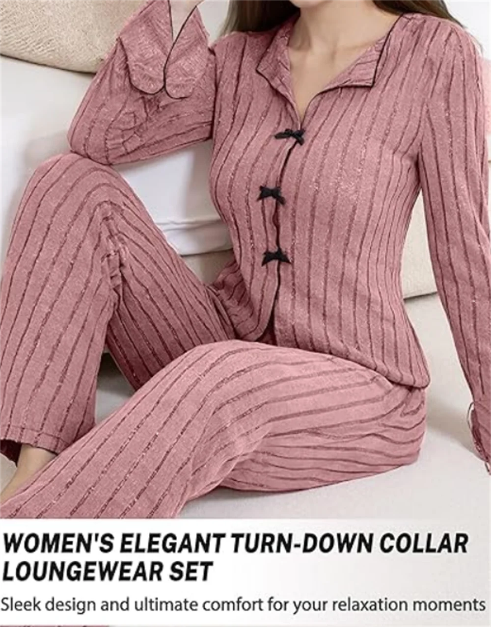 Ribbed Knit Pajama Sets Long Sleeve Lounge Set for Women  Button Top Full Length Pants 2 Piece Fall Casual Outfit Sets