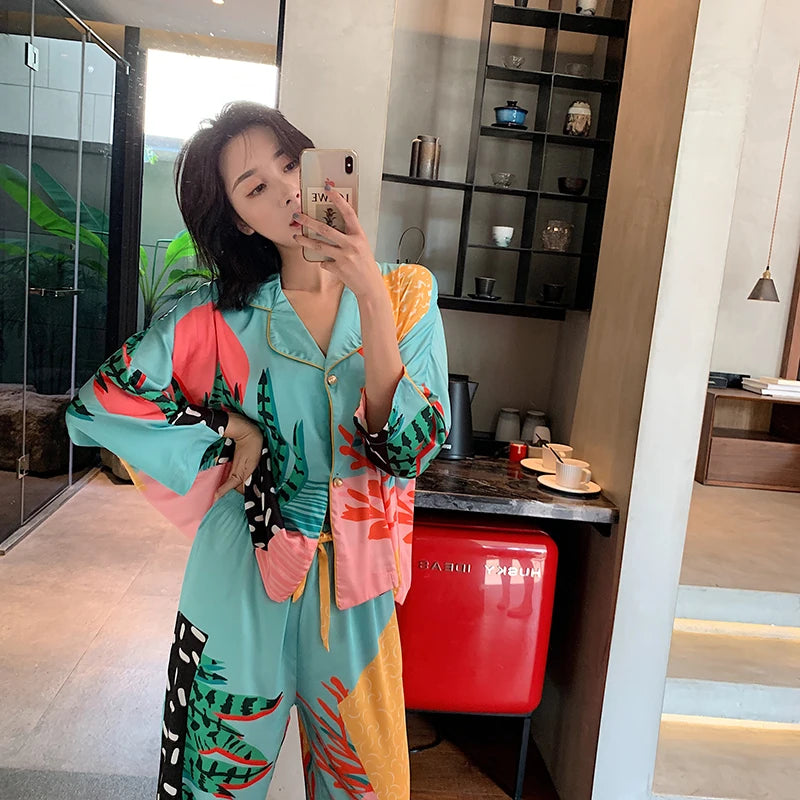 Satin Pajamas Set Spring Summer Home Suit with Pant Women's Print Pijama Suit Silk Pijama Set Sleepwear for Female Pyjamas