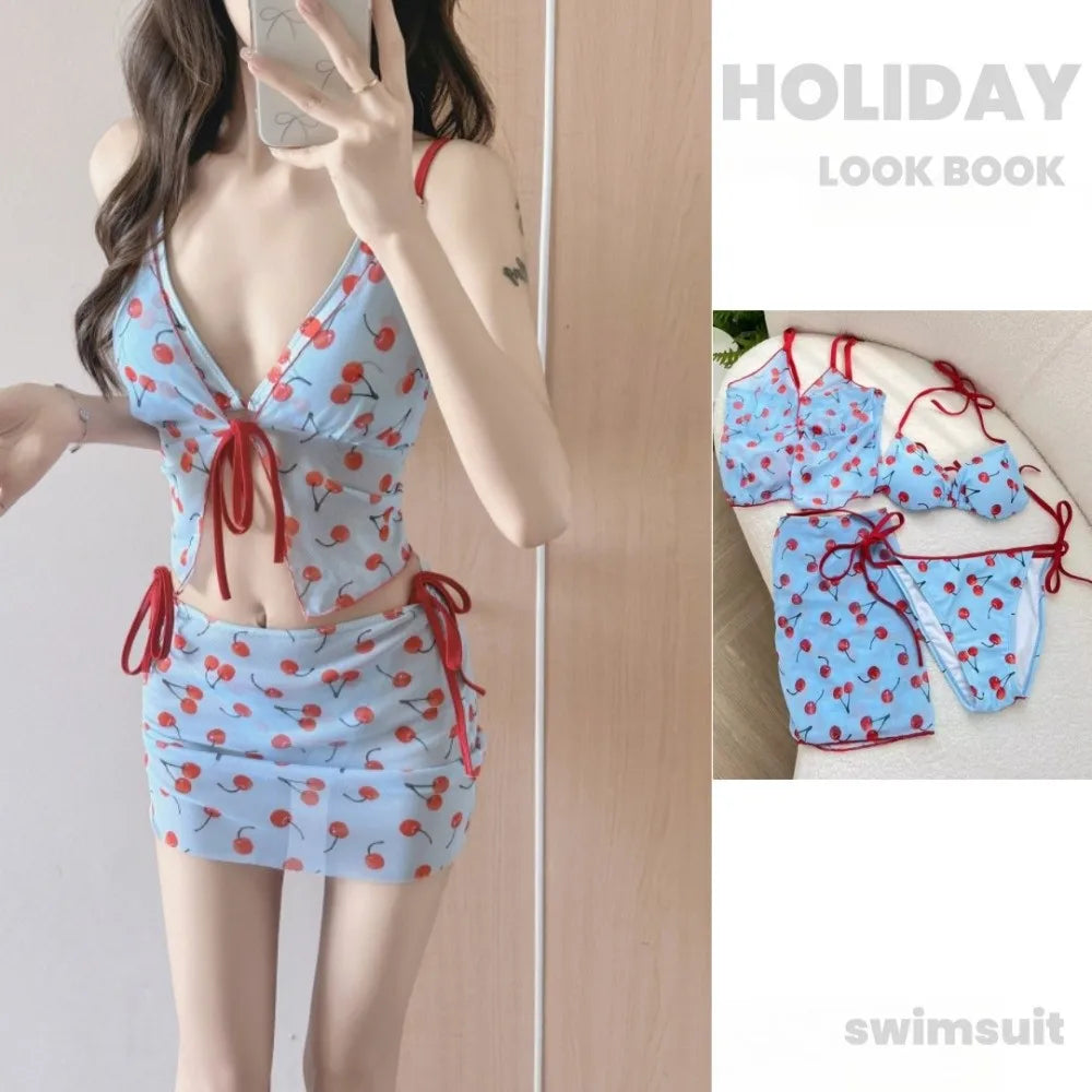 Cover-Ups Pure Color Cherry Bikini Set Push Up Mesh Lace Up Four Piece Set Print Pattern Wrap Skirt Sexy Swimwear Beach Wear