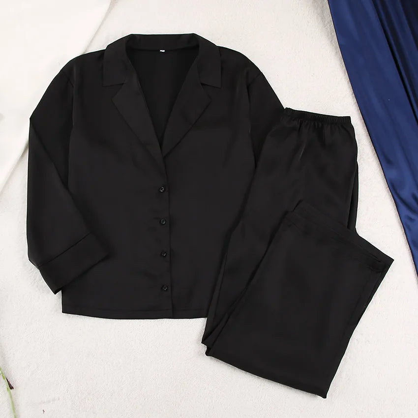 Two Pieces Women Pajama Sets Single Breasted Blouses Lounge Full Sleeve Spliced Straight Pants Casual Solid Lady Sleepwear