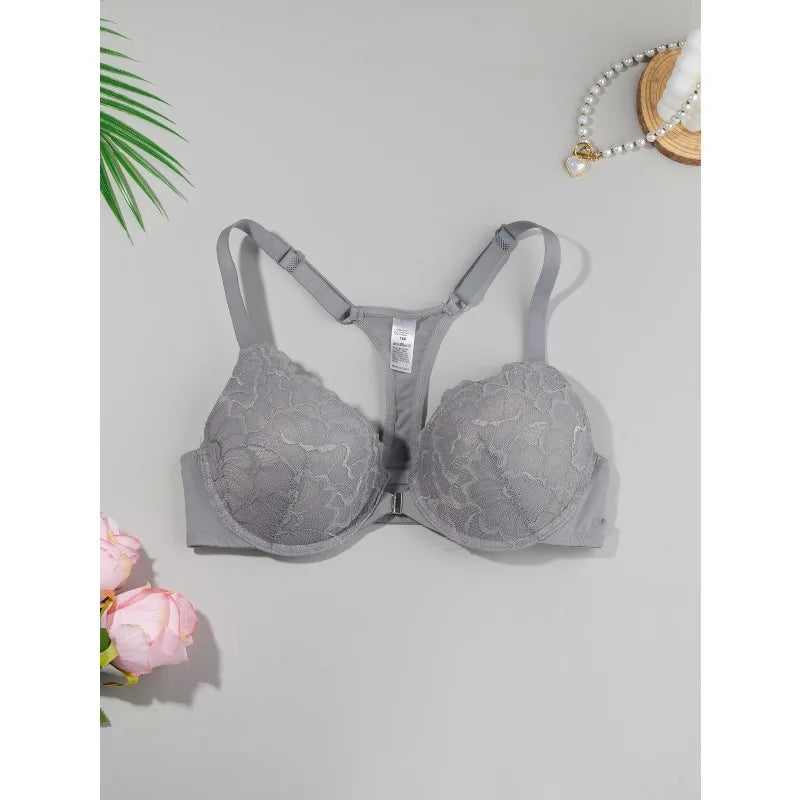 Lightly padded, underwired lace push-up bra with front closure and beautiful back design