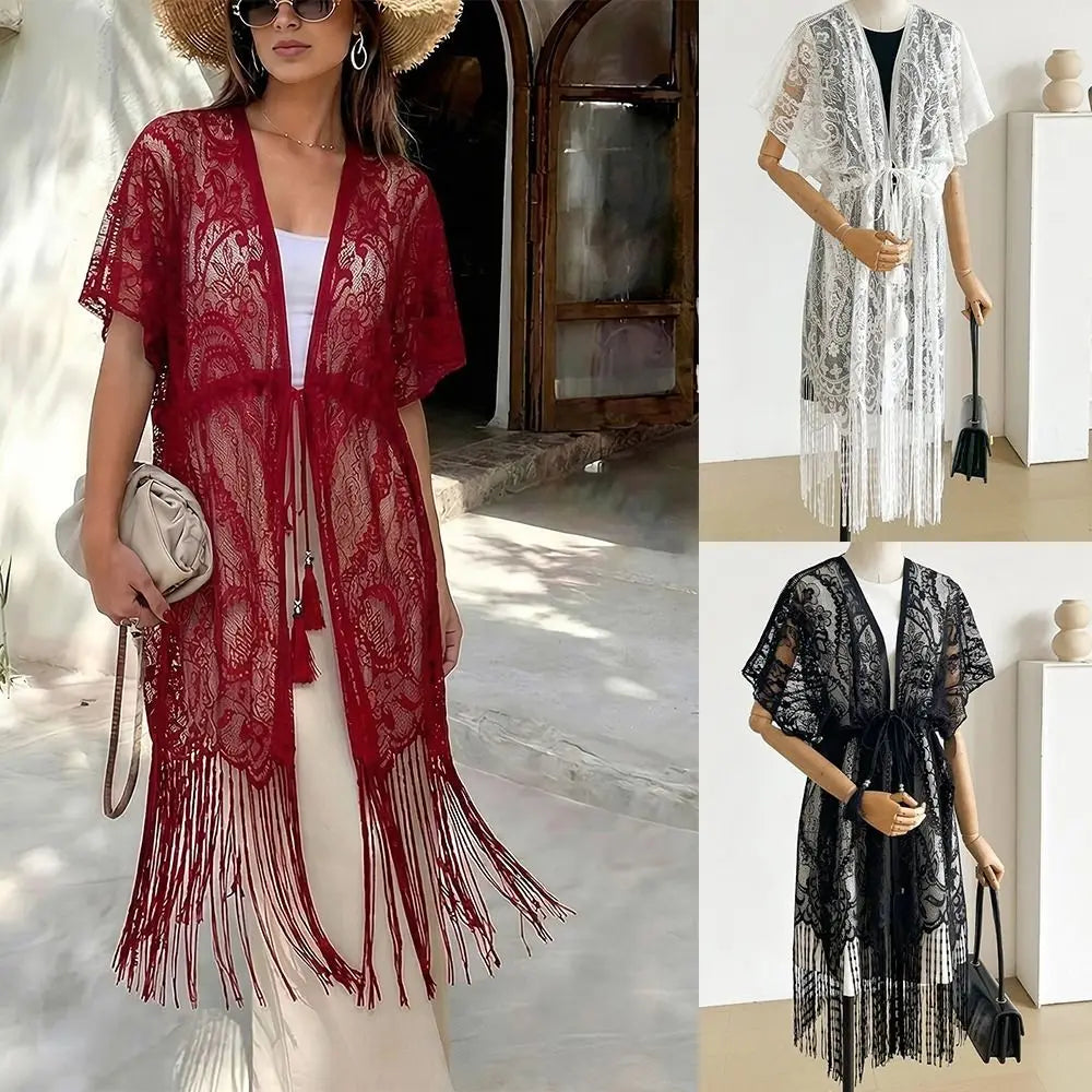 Fashion Lace Mesh Sunscreen Beach Cover Up Floral Tassel Bohemian Shawl Plus Size Transparent Swimsuit Cover Up Women