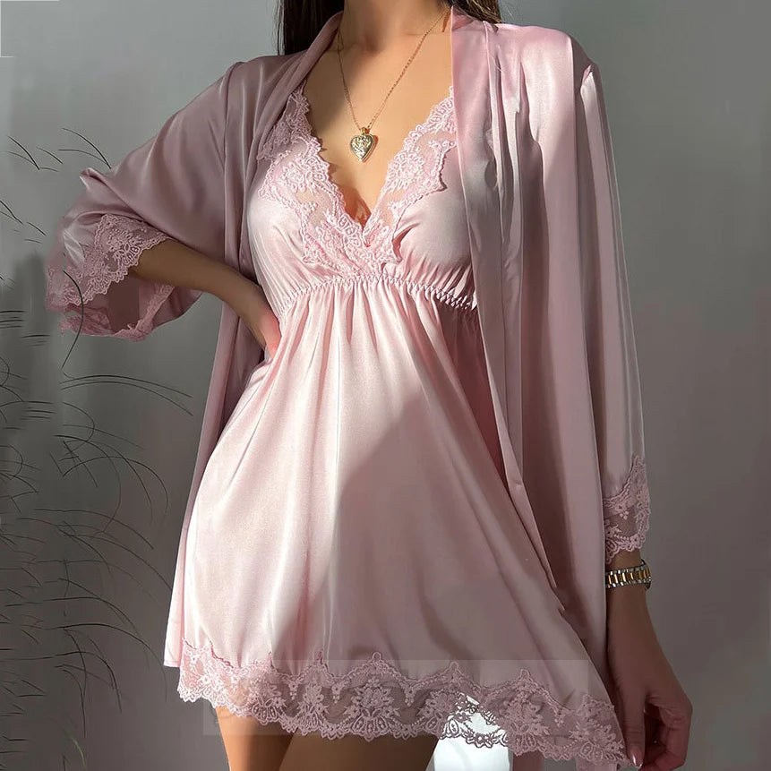 Sexy Lace Twinset Robe Set Nightgown Silky Satin Home Dress Lounge Wear Summer Female Sleepwear Kimono Bathrobe Gown Lingerie