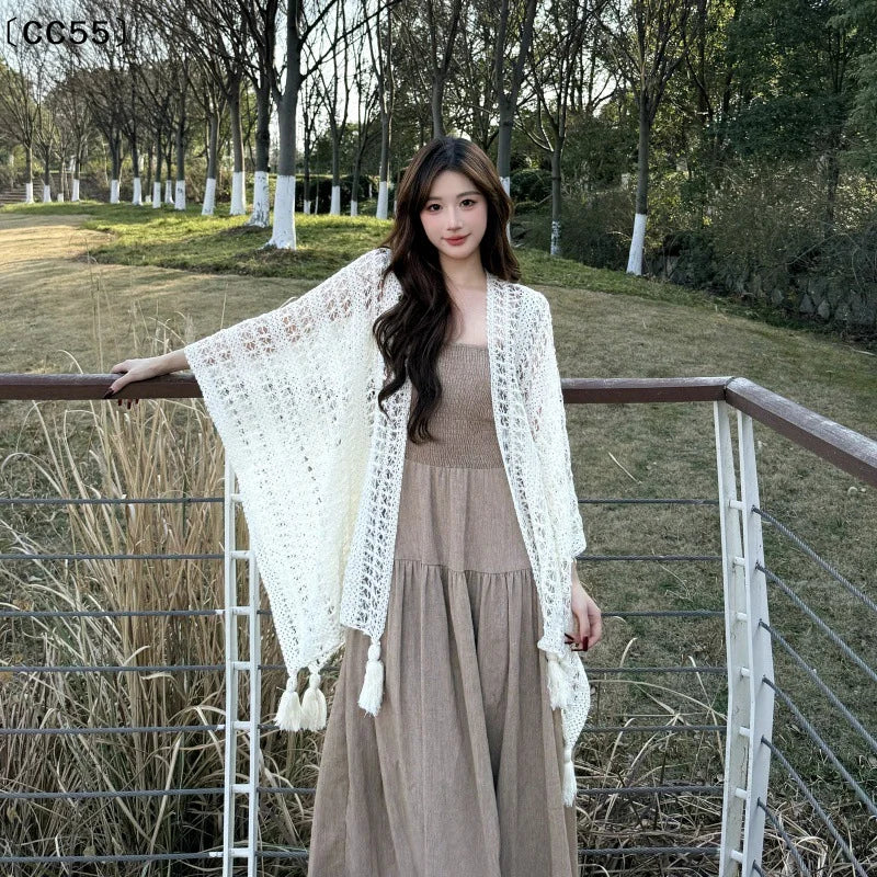 Summer Mesh Lace Women Cover-Up With Tassels Elegant Beach Open-Front Sun Protection Shawl〔CC55〕