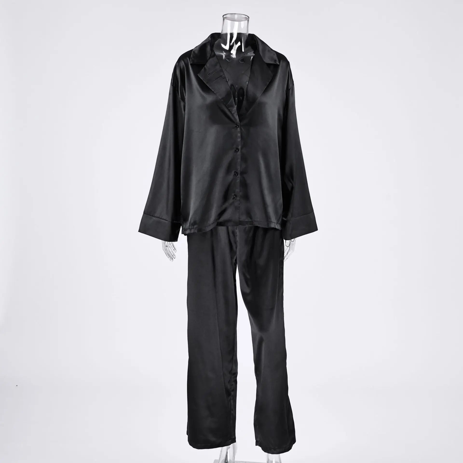 2026 Sexy Low Cut Pajama Sets for Women Loose Casual Long Sleeve Trouser Home Wear 2pcs Sets Solid Satin Silk Female Pijama Suit