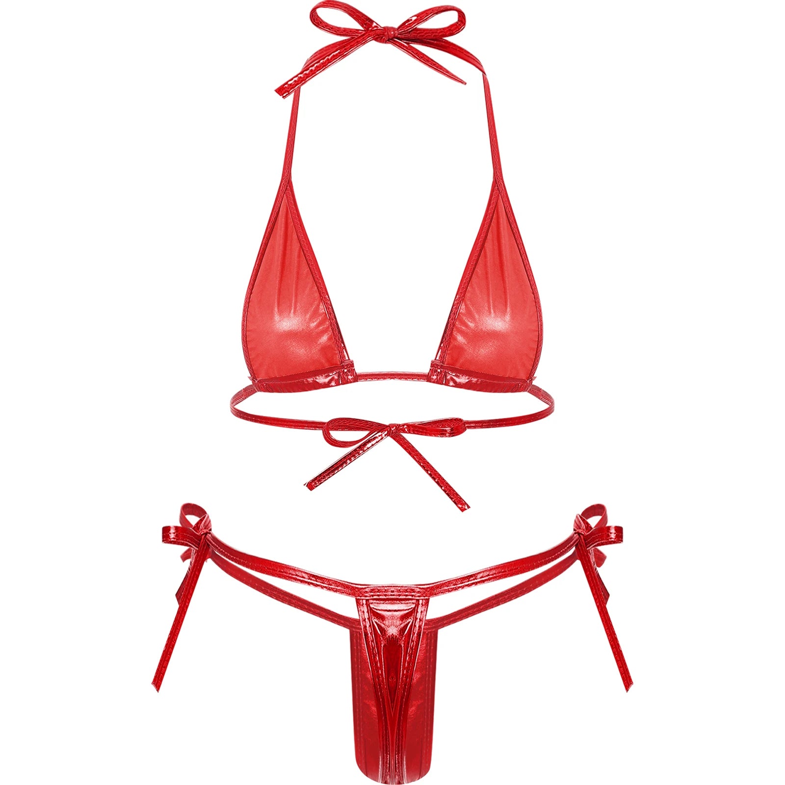 Womens Brazilian Micro Bikini Swimsuit Metallic Shiny Lacing Non-Padded Triangle Cup Bra Top with G-String Swimwear Biquini Set