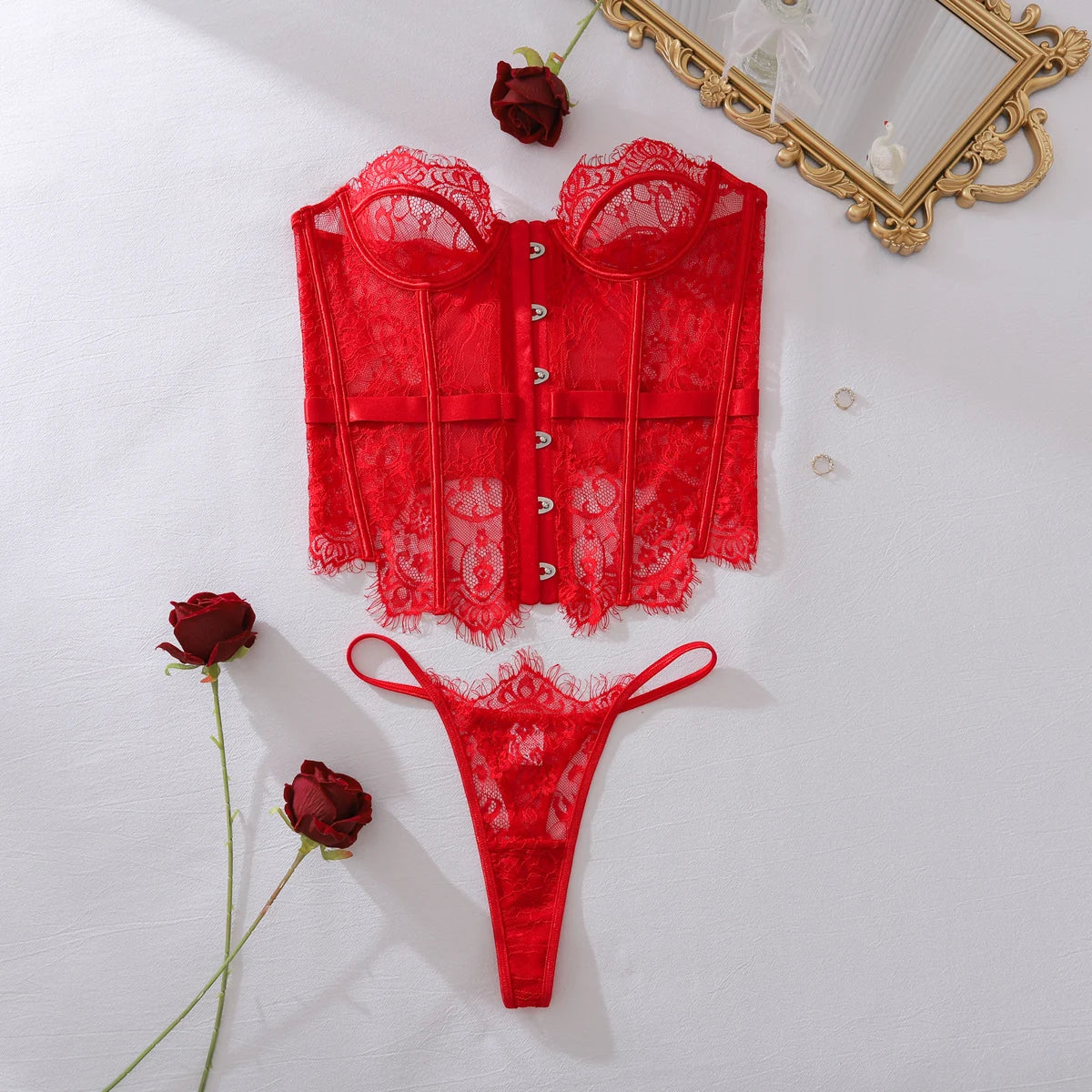 2025 new product: two-piece lingerie set for women, featuring eyelash lace, wavy low-cut fishbone design, and sexy body-shaping