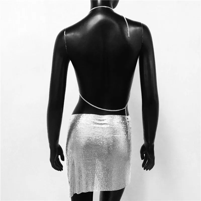 Sexy Metal Sequins 2 Piece Set Women Sleeveless Deep V Neck Backless Halter Tank Tops Split Mini Skirts Beach Party Outfits