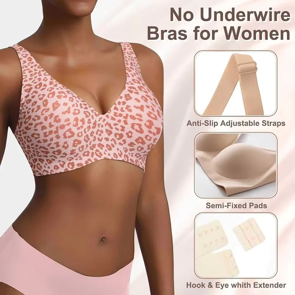 Pink Leopard Deep V Push Up Jelly BrasWireless Supportive Bra No Underwire Comfortable Bras Plunge Seamless Bralette