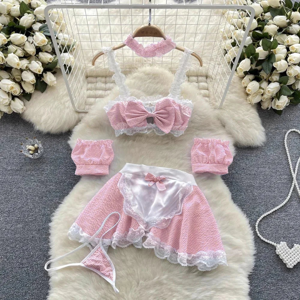 Backless Hotsweet Bow Lingerie For Women See Through Mesh Sexy Bunny Costume Lingerie Bodysuit 4 Piece Jumpsuit Spot Lace Cospla