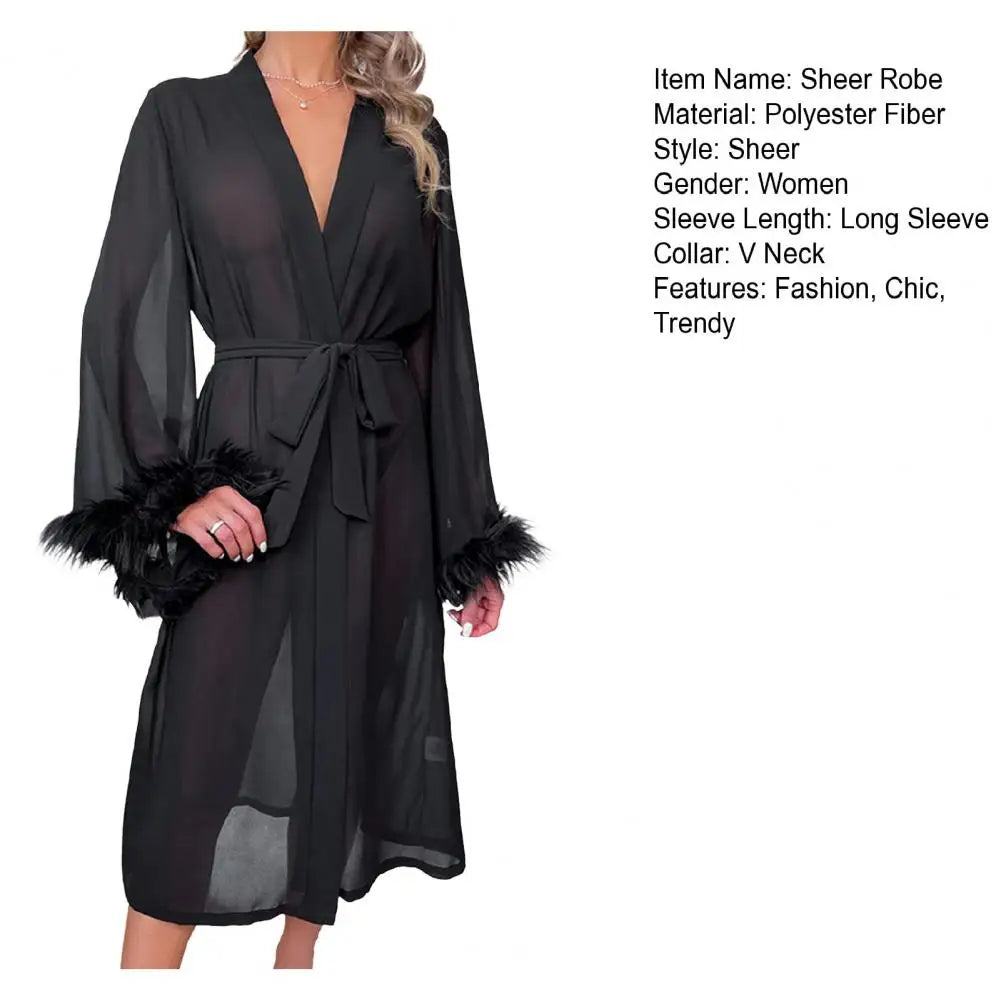 Female Sexy Lingerie Silky Satin Sleepwear Women Night Gown Robe With Bathrobe Long Sleeve Nightdress Trim Sheer Mesh Robe