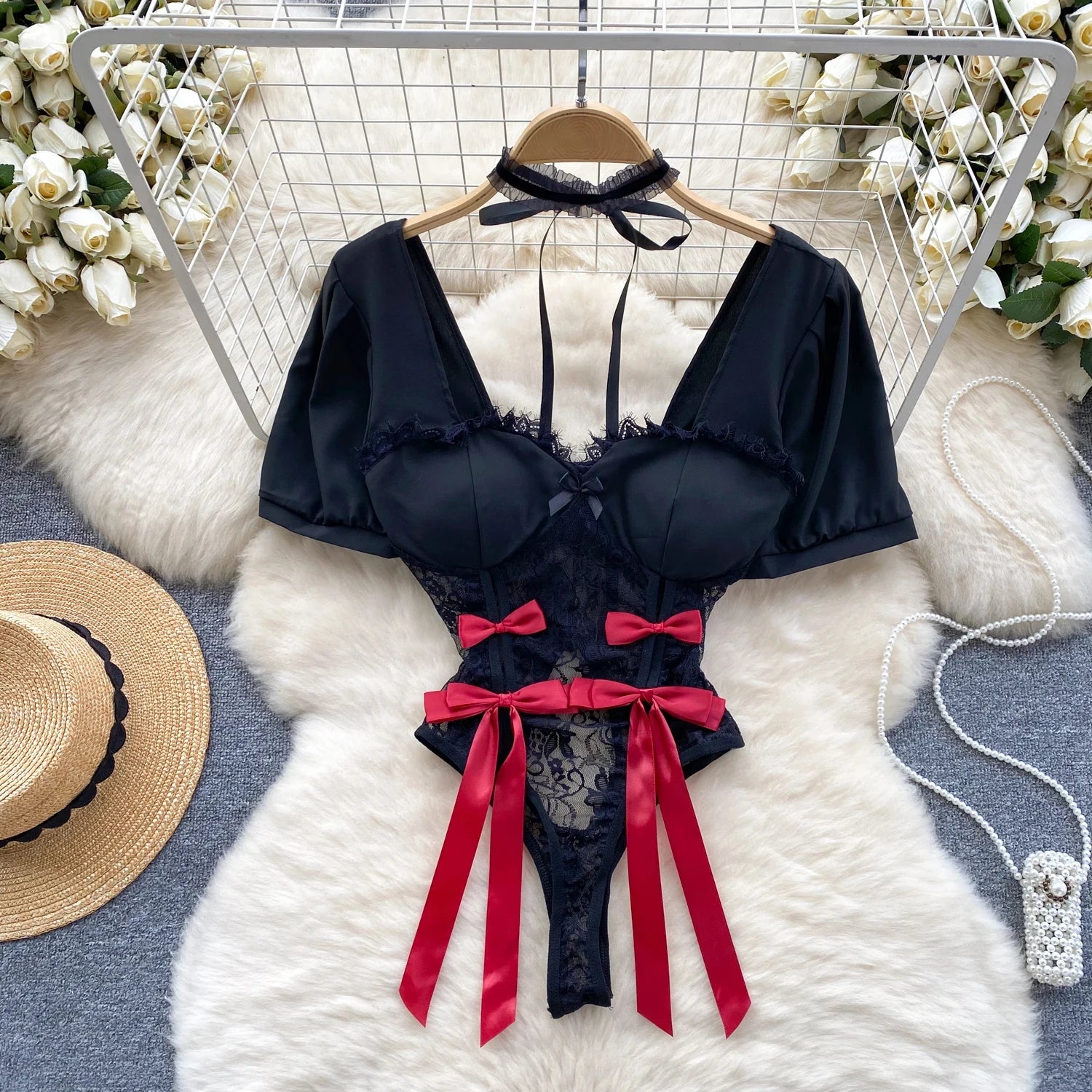 Backless Hotsweet Bow Lingerie For Women See Through Mesh Sexy Bunny Costume Lingerie Bodysuit 4 Piece Jumpsuit Spot Lace Cospla