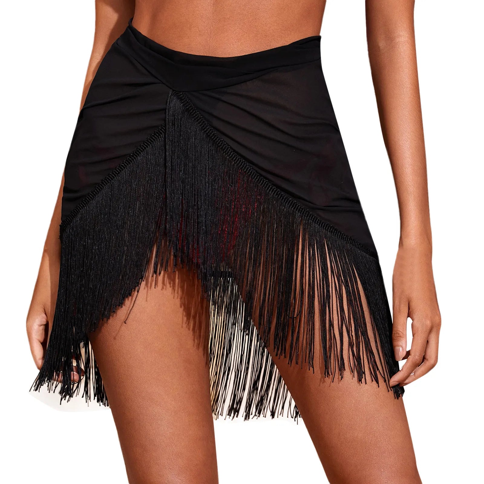 Women's Irregular Sarong Skirt Beachwear Cover Ups Tassels Design High Waist Smock Sunscreen Large Size Mid Waist Cover Ups