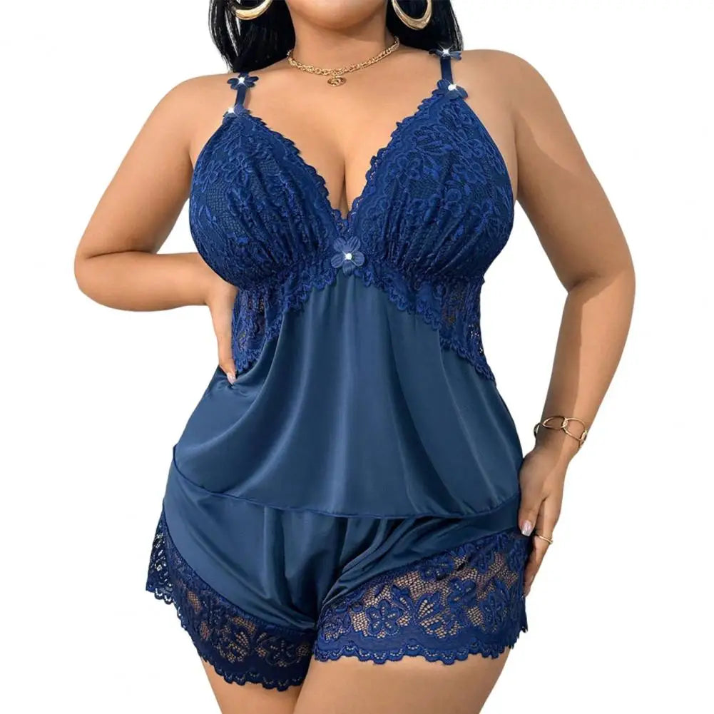 Women Plus Size Pajamas Set Sexy Lace Trim Cami Sleeveless Top And Shorts Nightwear Set Two-Piece Camisole Lounge Sleepwear Set