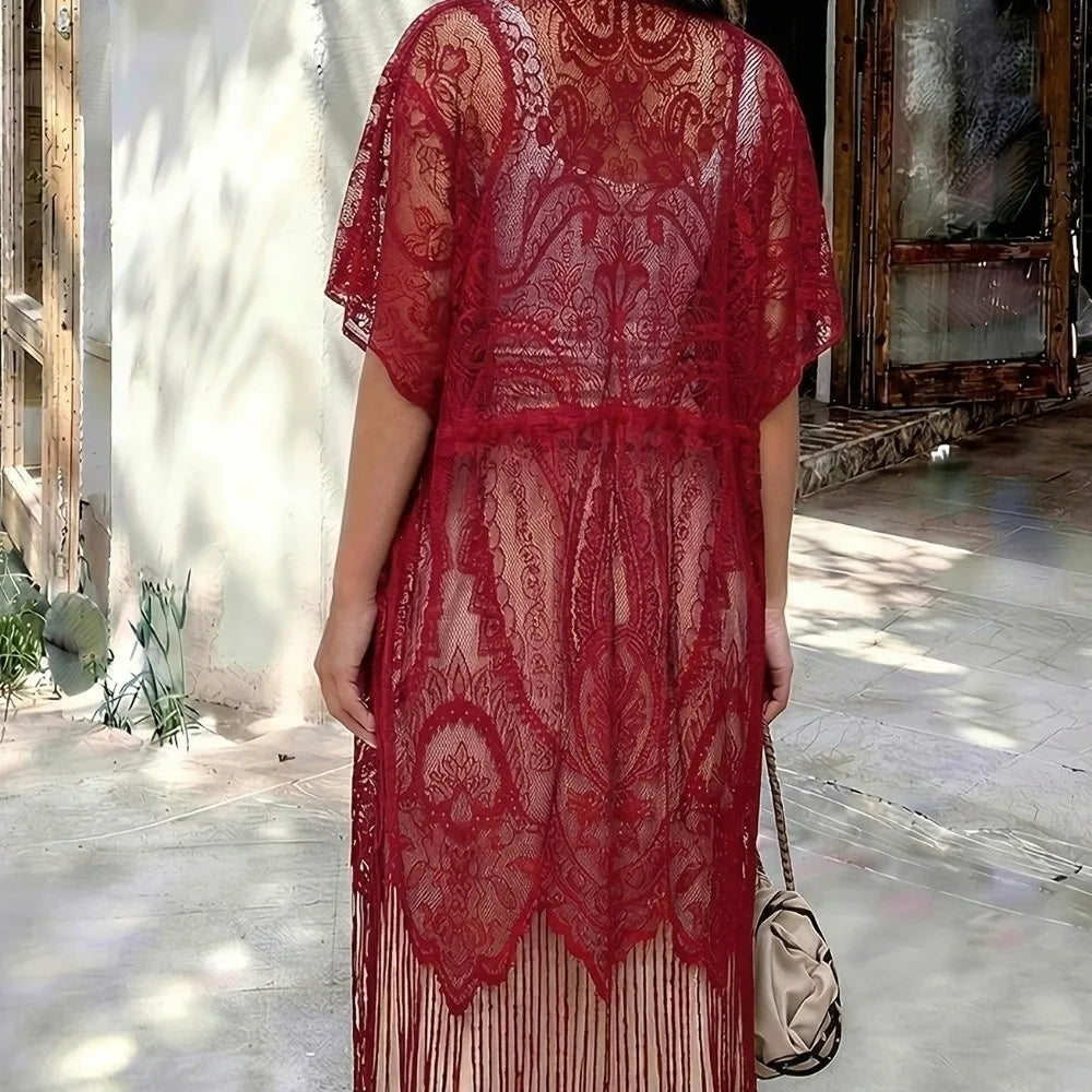 Fashion Lace Mesh Sunscreen Beach Cover Up Floral Tassel Bohemian Shawl Plus Size Transparent Swimsuit Cover Up Women