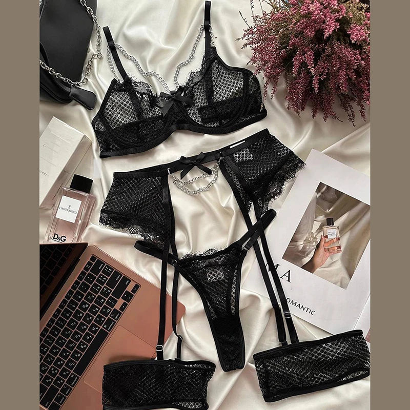 Lingerie Underwear Bras Sets Lace Garter Lingerie Women Underwire Bra And Panty Thongs Ladies Underwear Set