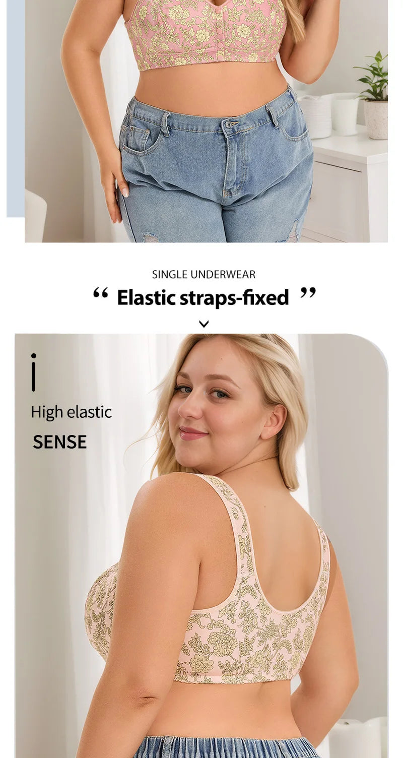 plus Size Front Closure Wireless Floral Print Bra Full Coverage Comfortable Support Bralette for Women Wide Band Everyday Wear