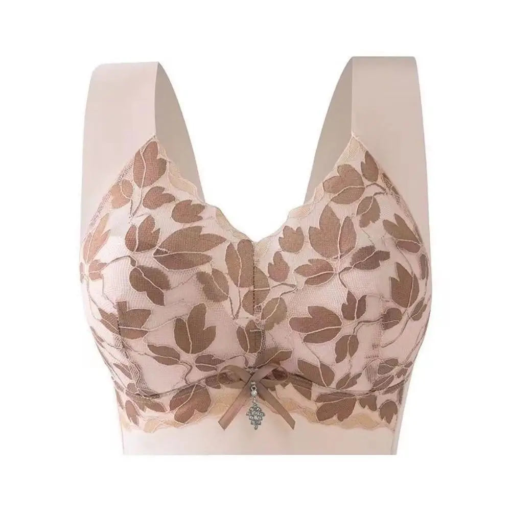 Breathable Leaf Lace Deep V Bras Zircon Bowknot Push Up Bras Big Cup Gathered Breasts Brassiere for Women Girls