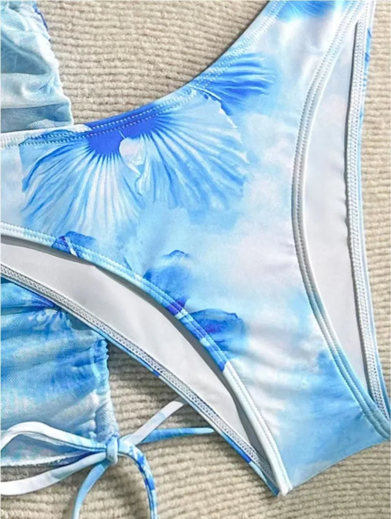 Sexy 3 Piece Bikini Set Women Printed Split Swimsuit Neck Strap Bathing Suit with Cover Up Skirt Swimwear Biquine Brasileiro