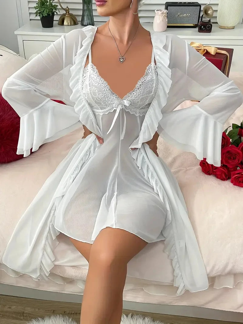 Women Sexy Robe Lingerie Set Lace V-neck Cami Dress with Transparent Mesh Night Gown Robe Nightwear Female Leisure Sleepwear