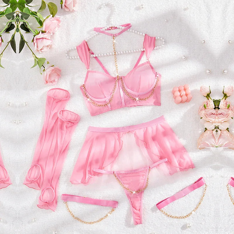 Sexy Lingerie Set with Gloves Pure Desire Skirt Women Solid Perspective Exotic Apparel Suit Female Elegant See Though Underwear