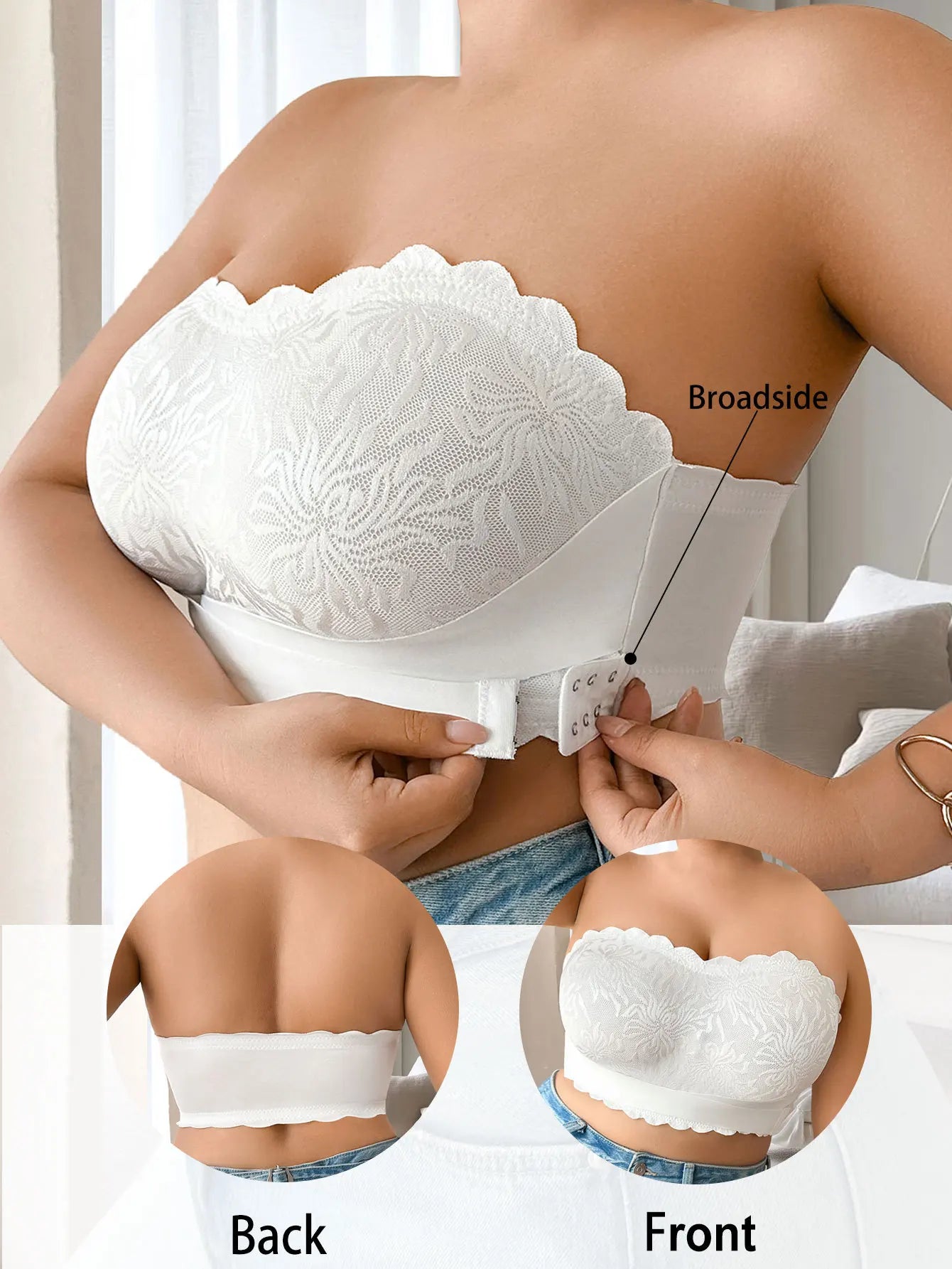 Strapless Bra 5XL Plus Size, Invisible Stick On Bustier with Lace & Adhesive, No Slip Backless Bra for Wedding Dress