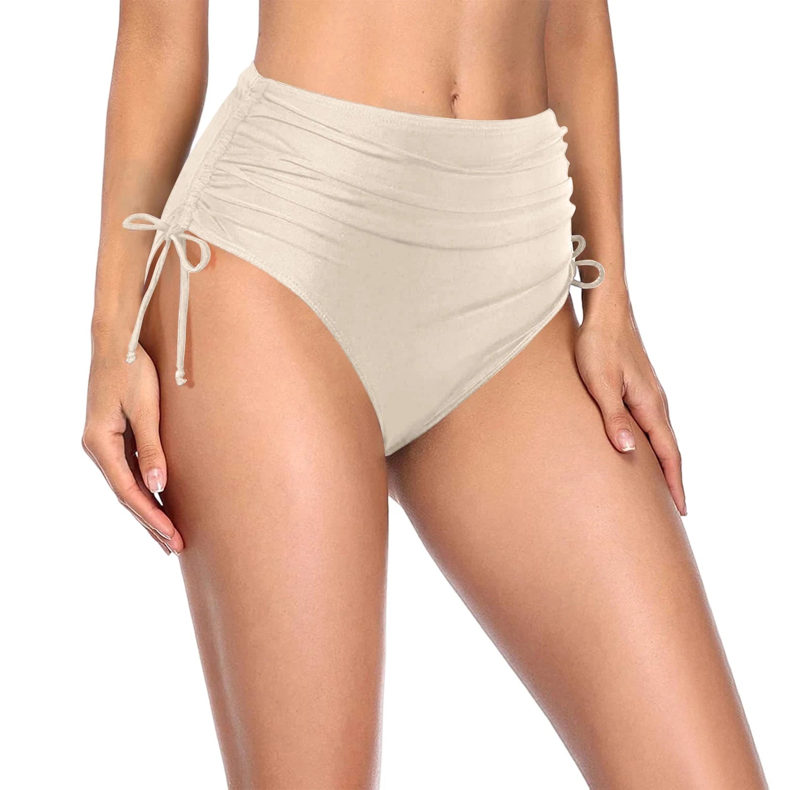 Basic Tight Swimming Bottoms for Female Solid Color High Waist Full Coverage Bikini Split Swimsuit Briefs Beach Drawstring Trunk