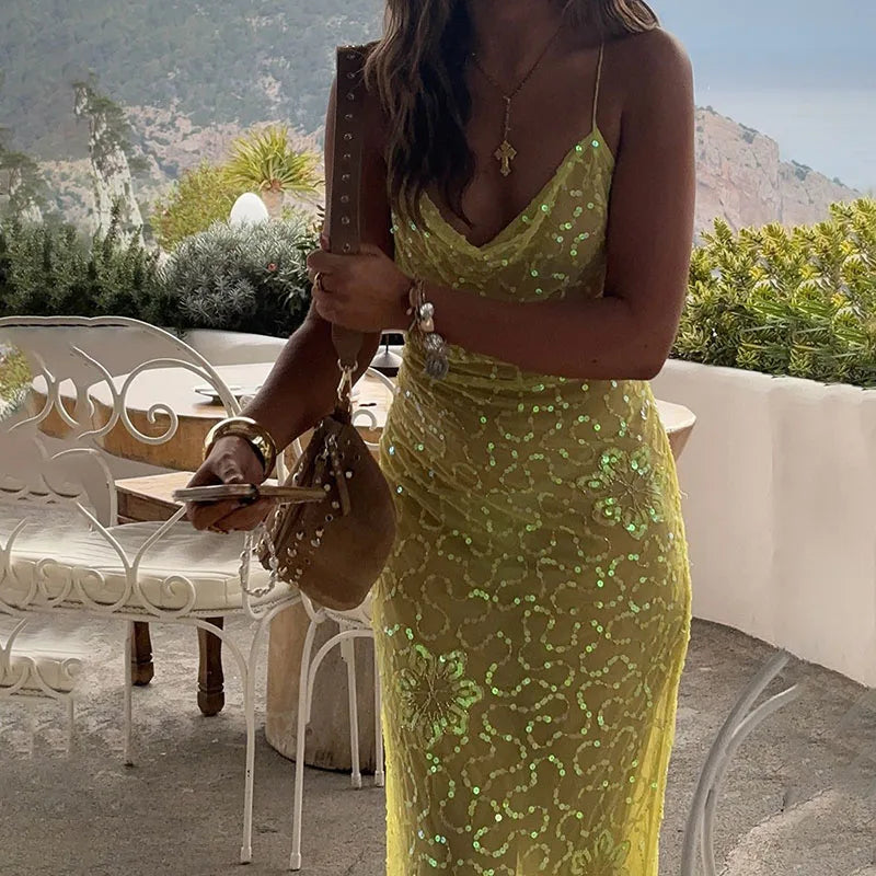 Sexy Fit Pure Sequins See-through Beach Dress Fashion Halter Sleeveless Hollow Out Robes Lady Simple Hollow Out Party Maxi Dress