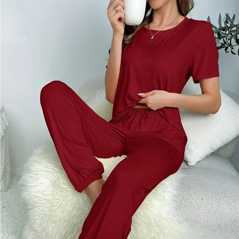 Women's Pajamas Set Solid Color Short Sleeve O Neck T-Shirt+Trousers 2 Pieces Suit Sleepwear Soft Loose Pijama Female Loungewear