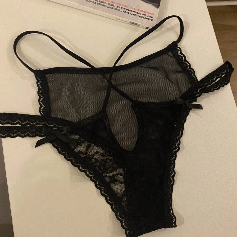 Lingerie Bow Lace Flower Panties Low Waist Hollow French Style Briefs Transparent Thin Strap Women Underwear Girl