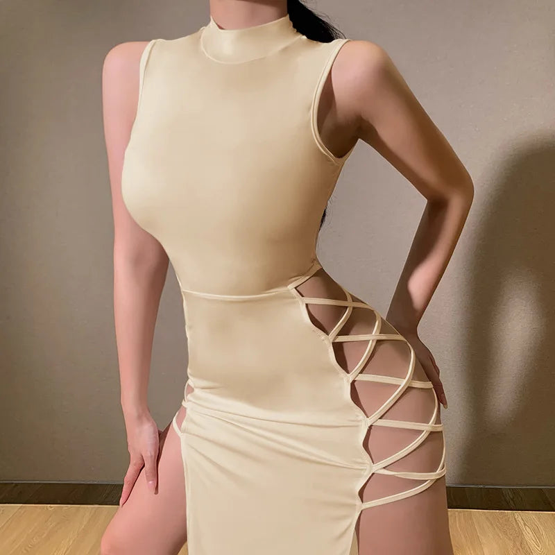 Women's Erotic Lingerie Long Satin Skirt Cross Bandage Dress Sexy Lingerie Babydoll Porn Sex Underwear Night Club Party Costumes