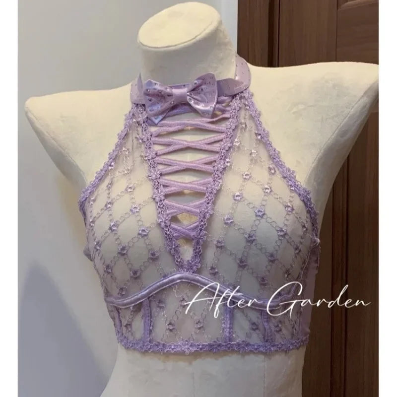 Purple Bra, Bow, Diamond-patterned, Rhinestone, Lace-up, High-neck, Off-the-neck Underwear