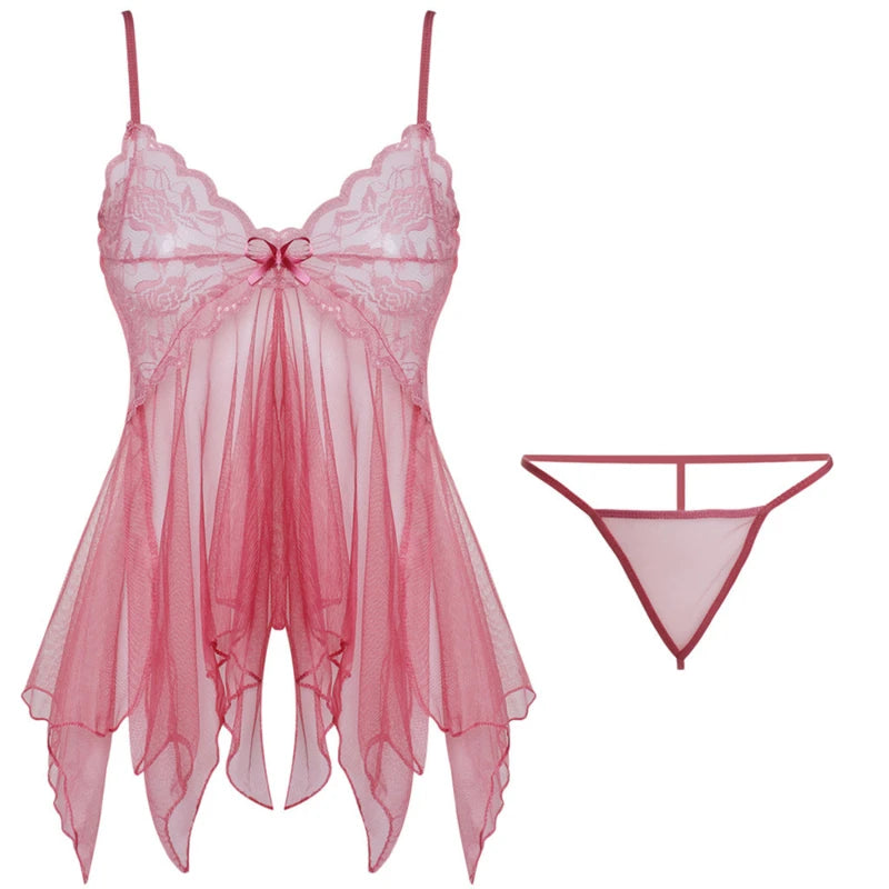 Sexy Lingerie Night Dress For Female Transparent Babydoll Nightwear With G-string Underwear Lace Sleepwear Women's Lingerie Set
