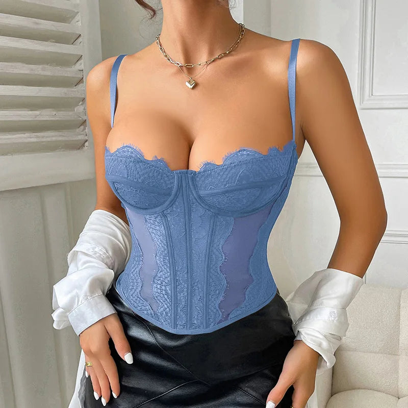 Women Lace Corset Tops Sexy Sheer Mesh Spaghetti Strap Fishbone Summer Bustier Top Y2K Going Out Night Club Party Concert Tops