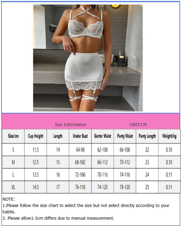 4 Pieces Sexy Lingerie Sets Women Hot Halter Lace Bra and Panty Garters Mini Skirt Set Sissy Erotic Costumes Romantic Underwear