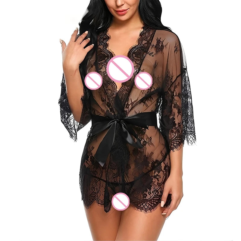 Lace Sleepwear Dress Robe Kimono Women Sexy Lingerie Transparent V-Neck Nightwear Babydoll Erotic Robe G-string Costume
