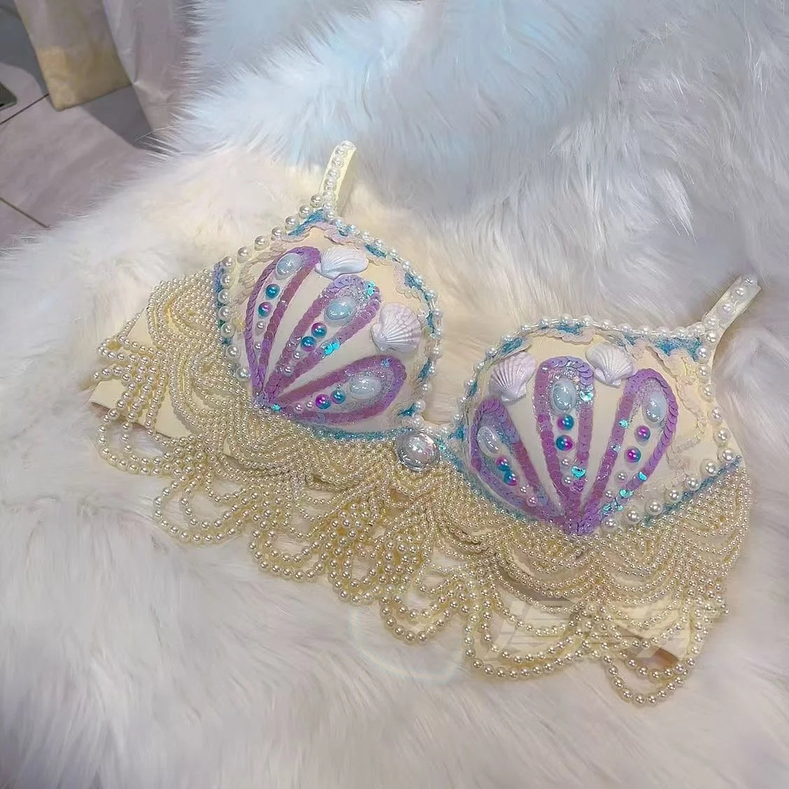customized sparkling iridescent sequin shell bra pearl chain tassel pool party bra beach vacation pearl jacket belly dance bras