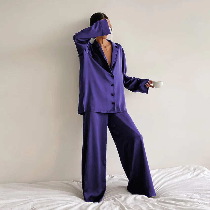 Two Pieces Women Pajama Sets Single Breasted Blouses Lounge Full Sleeve Spliced Straight Pants Casual Solid Lady Sleepwear