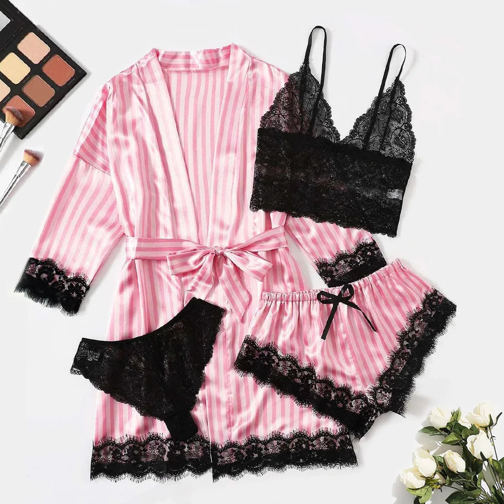 Sexy Women Home Dressing Gown Lingerie Lace Patchwork Satin Robe Set Nightwear Casual Sleepwear Kimono Bathrobe Home Nightdress