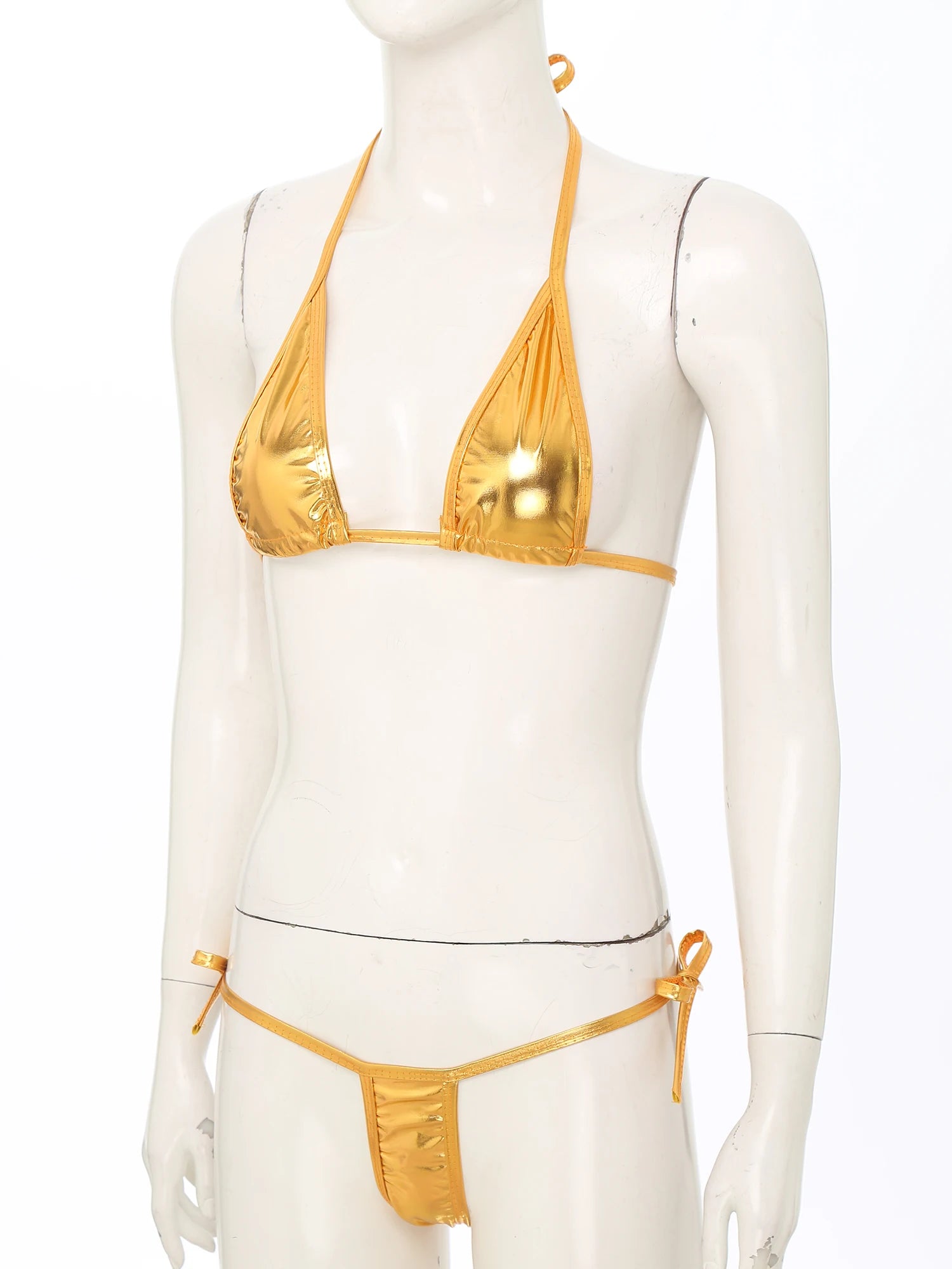 Womens Brazilian Micro Bikini Swimsuit Metallic Shiny Lacing Non-Padded Triangle Cup Bra Top with G-String Swimwear Biquini Set