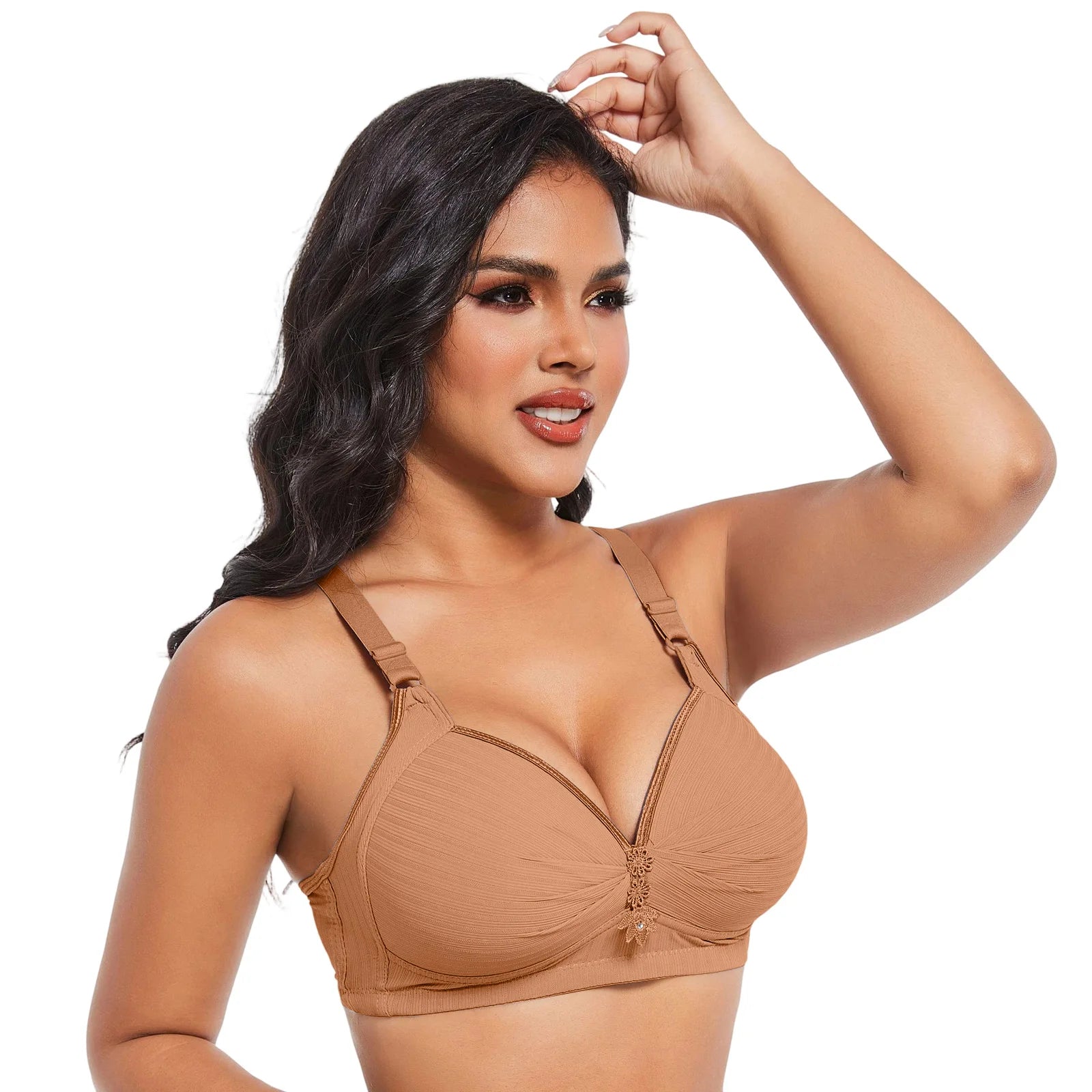 Elegant Skin Tone Textured Bra Chic Wireless Full Coverage Underwear Stylish Push Up Rhinestone Detail Lingerie Women