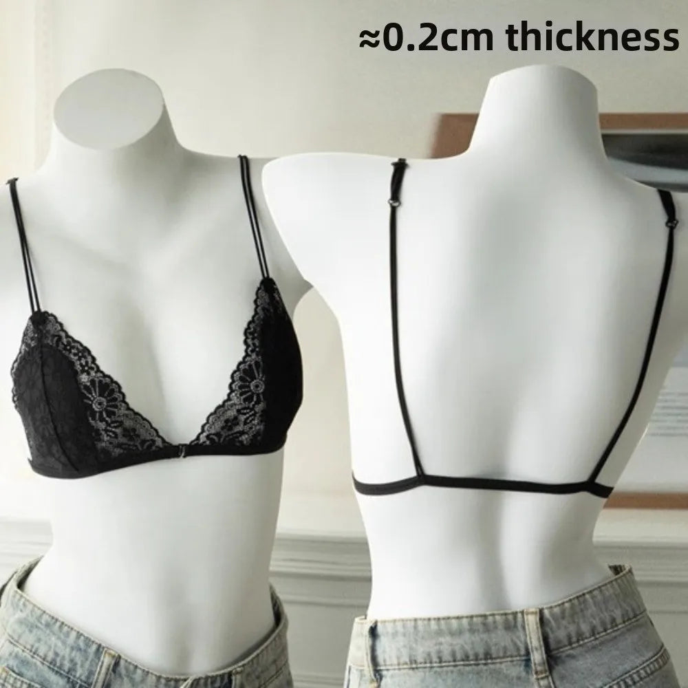 Ultra-thin Shoulder Strap Lace Wireless V Bra Shockproof Front Button Lingerie Brassiere for Women Seamless Gathered Breasts