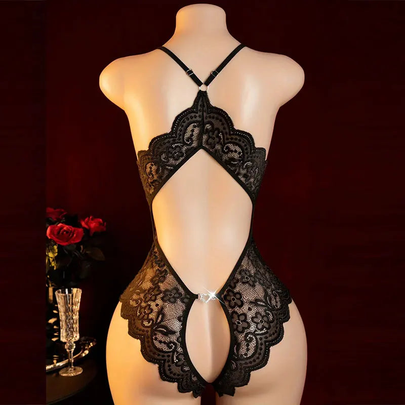 Red Hanging Neck Lingerie Adult Erotic Costume Deep V Bra Crotchless Woman Underwear Sex Night Open Dress Bodysuit Sexy Jumpsuit