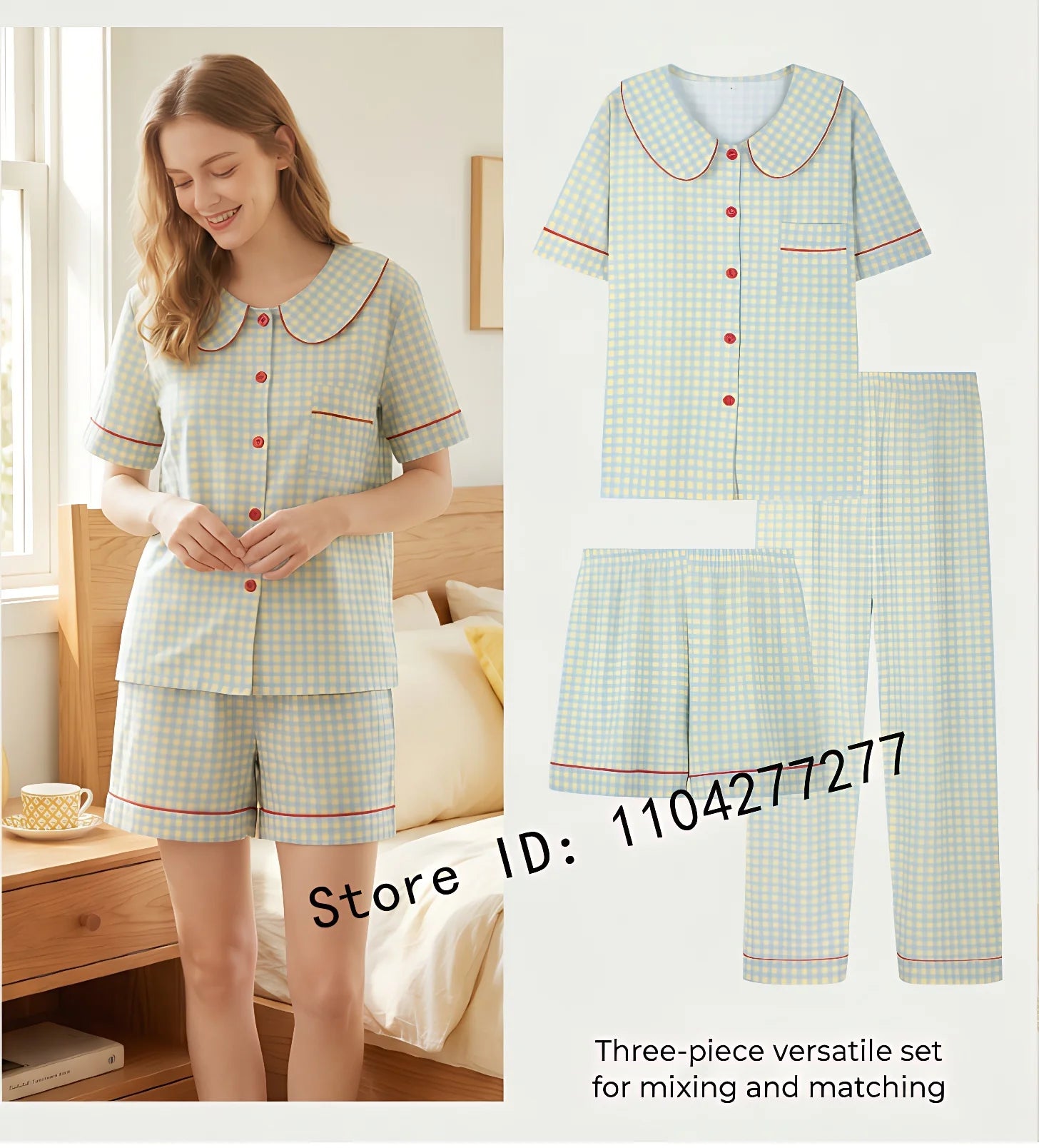 Three-Piece Women's Pajama Set, Plaid Button-Down Loungewear, Short Sleeve Cardigan Sleepwear, Casual Home Wear