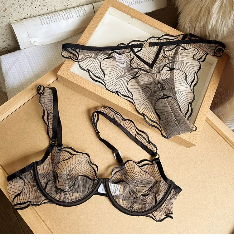 Erotic Lingerie Sets Sheer Transparent Lace Bras for Women Sexy Embroidery Push Up Bra and Thong Matching Set  Underwear Women