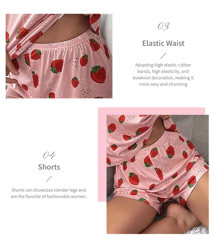 Pajamas Set for Women Breathable Cherry & flower Print Sleepwear Comfy Camisole Top and Shorts Pyjama Home Loungewear for Ladies