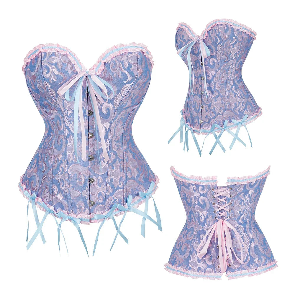 Women Sexy Overbust Corset Korset Basques Floral Lace Top Bustier Jacquard Lingerie Corselet